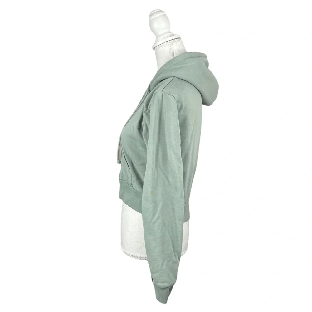 John Galt California Brandy Melville Sage Green Cropped Zip Front Hoodie Pockets - Picture 4 of 9
